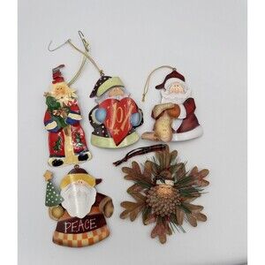 Vintage Style Santa Lot (5) Primitive Metal Farmhouse Christmas Ornaments